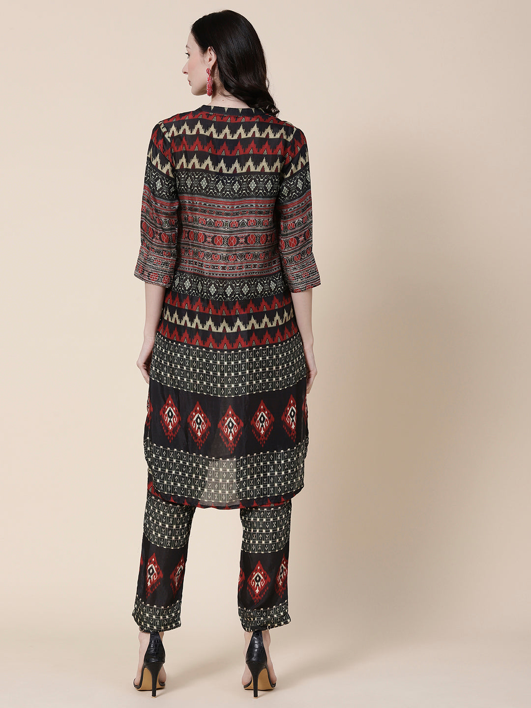 Abstract Ikkat Printed Zari Embroidered Kurta With Matching Pants Set - Black & Multi