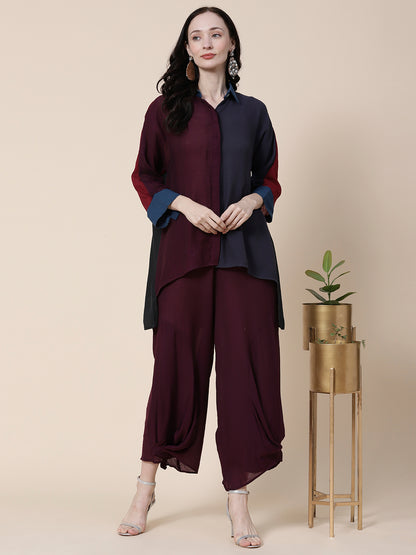 Solid Color blocked Asymmetric High-Low Hem Crinkle-Crepe Shirt With Pleated Palazzo - Burgundy