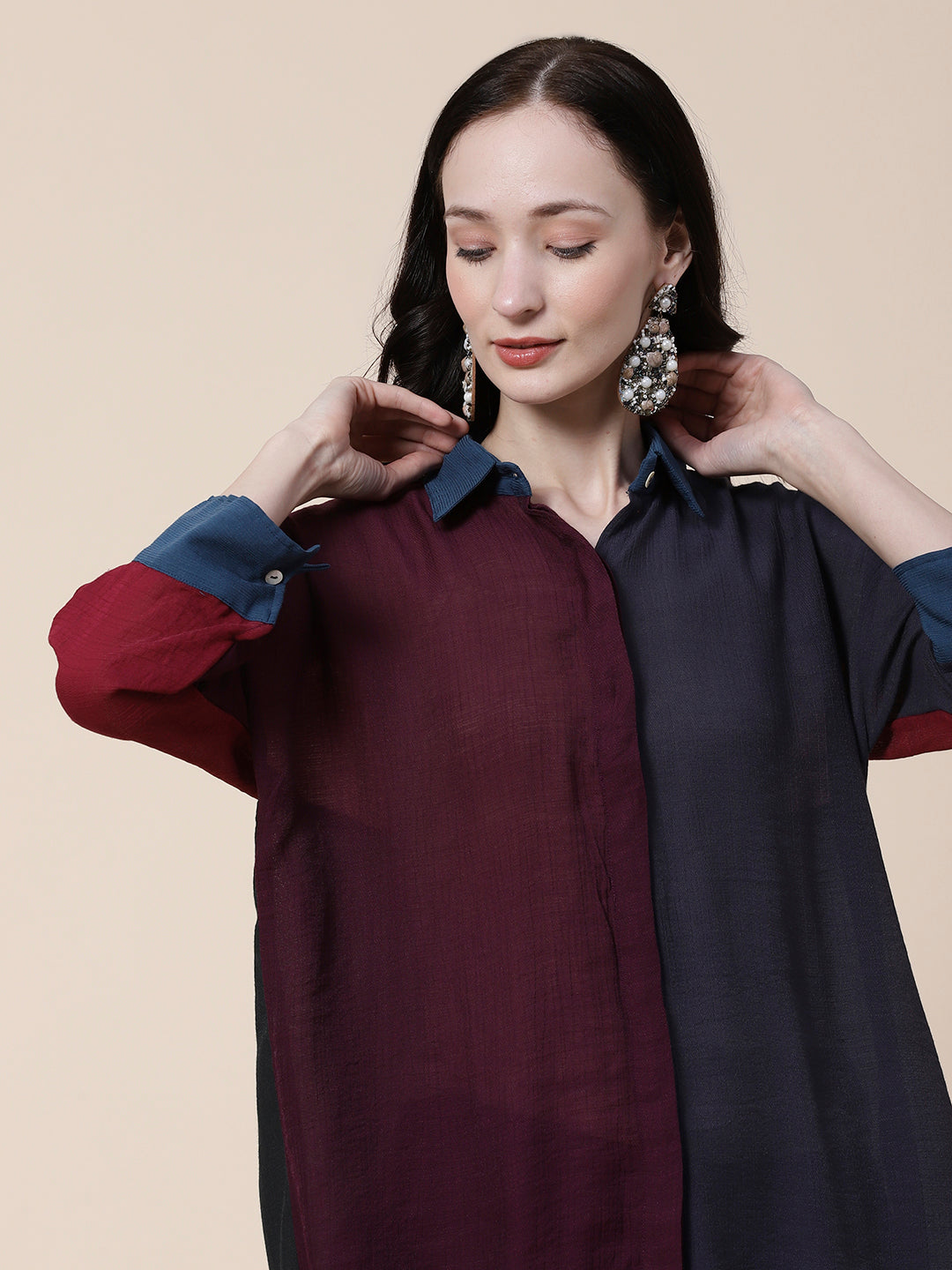 Solid Color blocked Asymmetric High-Low Hem Crinkle-Crepe Shirt With Pleated Palazzo - Burgundy