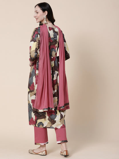 Abstract Printed Mirror, Zari & Resham Embroidered High Slit Kurta With Pants & Dupatta - Multi