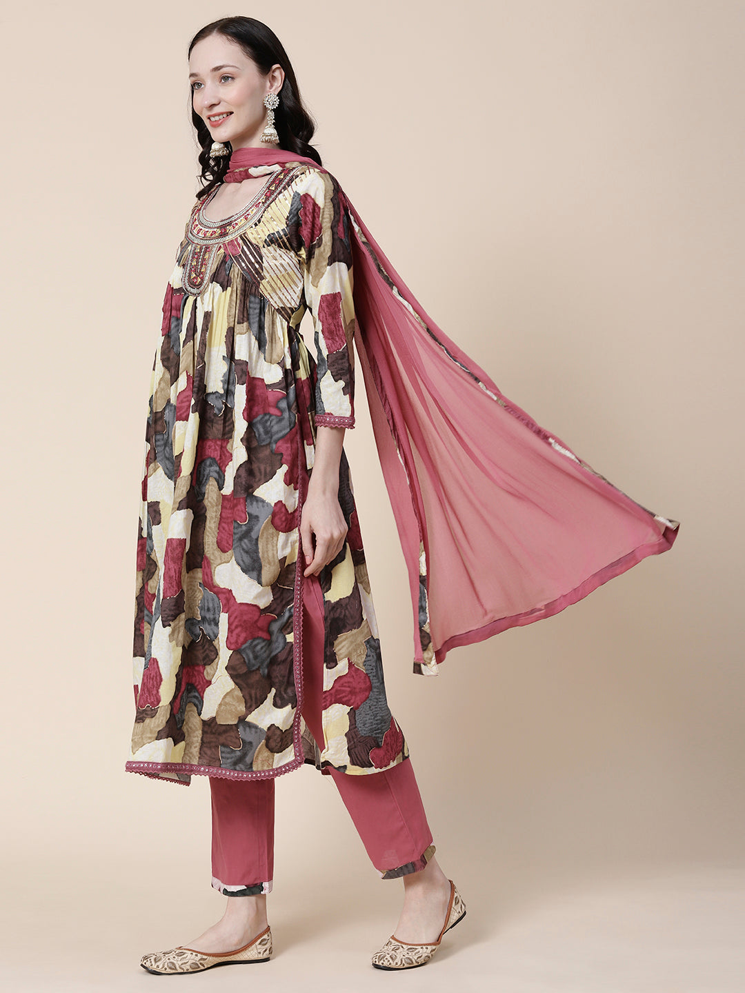 Abstract Printed Mirror, Zari & Resham Embroidered High Slit Kurta With Pants & Dupatta - Multi