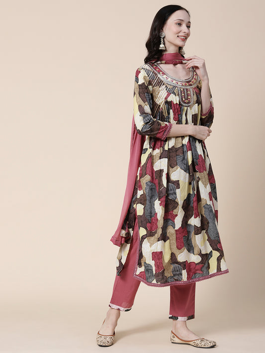 Abstract Printed Mirror, Zari & Resham Embroidered High Slit Kurta With Pants & Dupatta - Multi