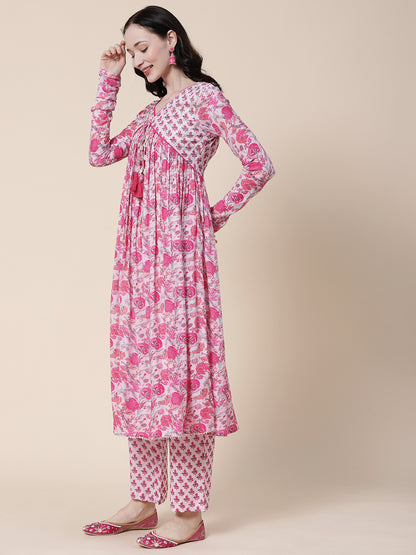 Floral Printed Sequins & Gota Lace Ornamented Empire Kurta With Pants & Dupatta - Pink & White