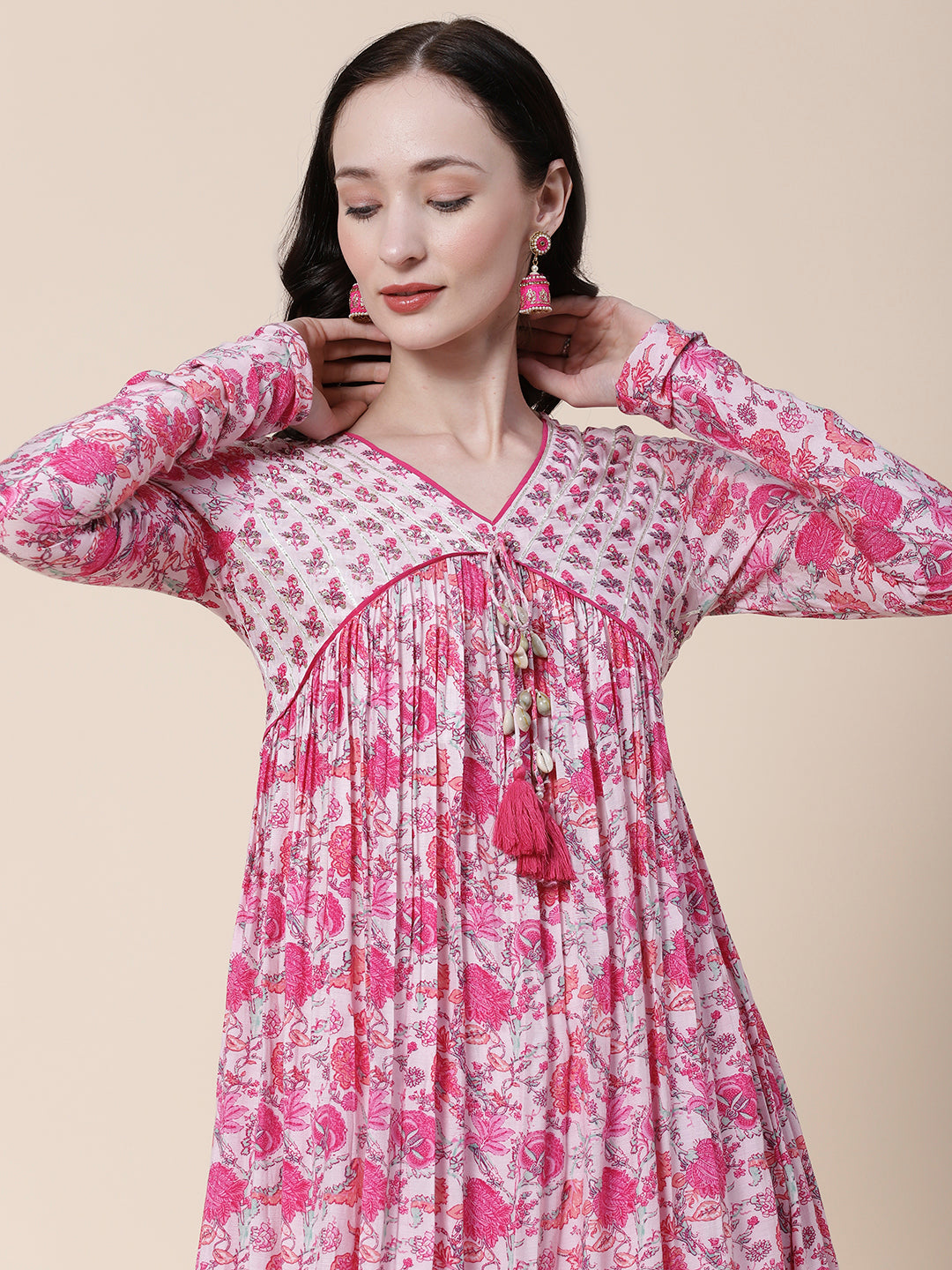 Floral Printed Sequins & Gota Lace Ornamented Empire Kurta With Pants & Dupatta - Pink & White