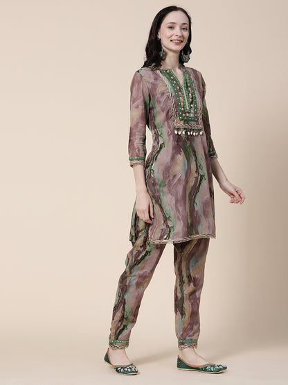 Abstract Printed Mirror, Coin Tikki & Resham Embroidered Mulmul Cotton Kurta With Pants & Dupatta - Brown