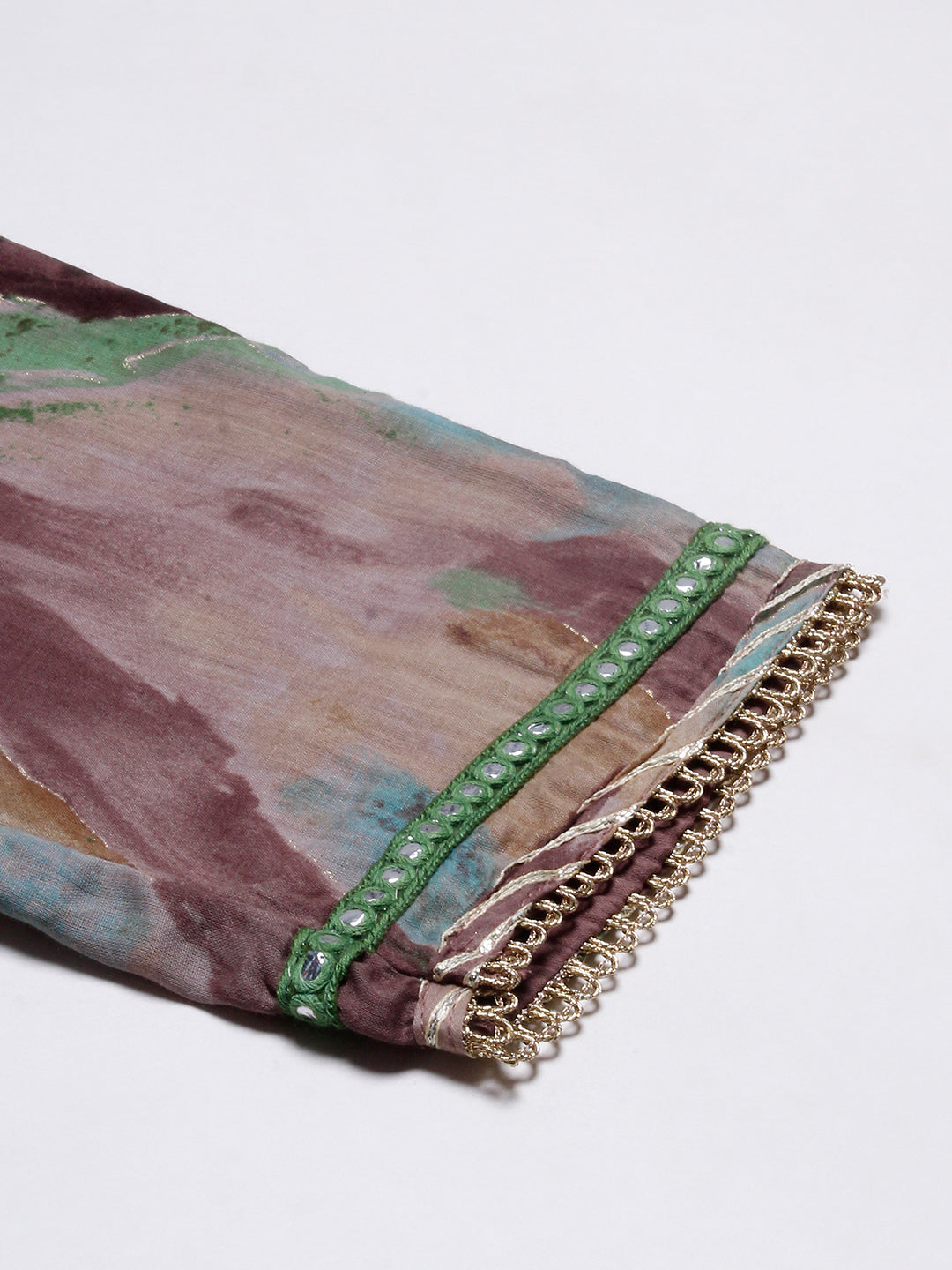 Abstract Printed Mirror, Coin Tikki & Resham Embroidered Mulmul Cotton Kurta With Pants & Dupatta - Brown