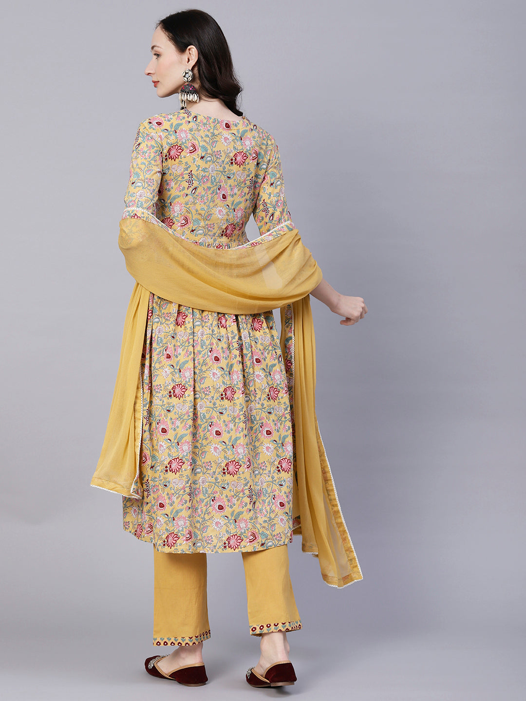 Floral Printed Resham Embroidered High Slit Flared Kurta With Pants & Dupatta - Yellow