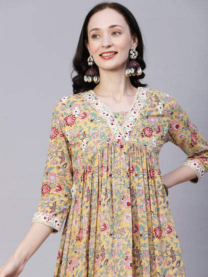 Floral Printed Resham Embroidered High Slit Flared Kurta With Pants & Dupatta - Yellow