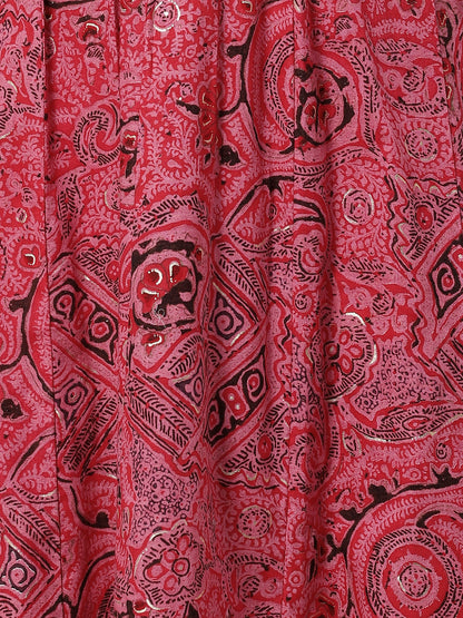 Abstract-Ethnic Printed Mirror, Beads & Zari Embroidered Anarkali Kurta with Pants & Dupatta - Amaranth Pink