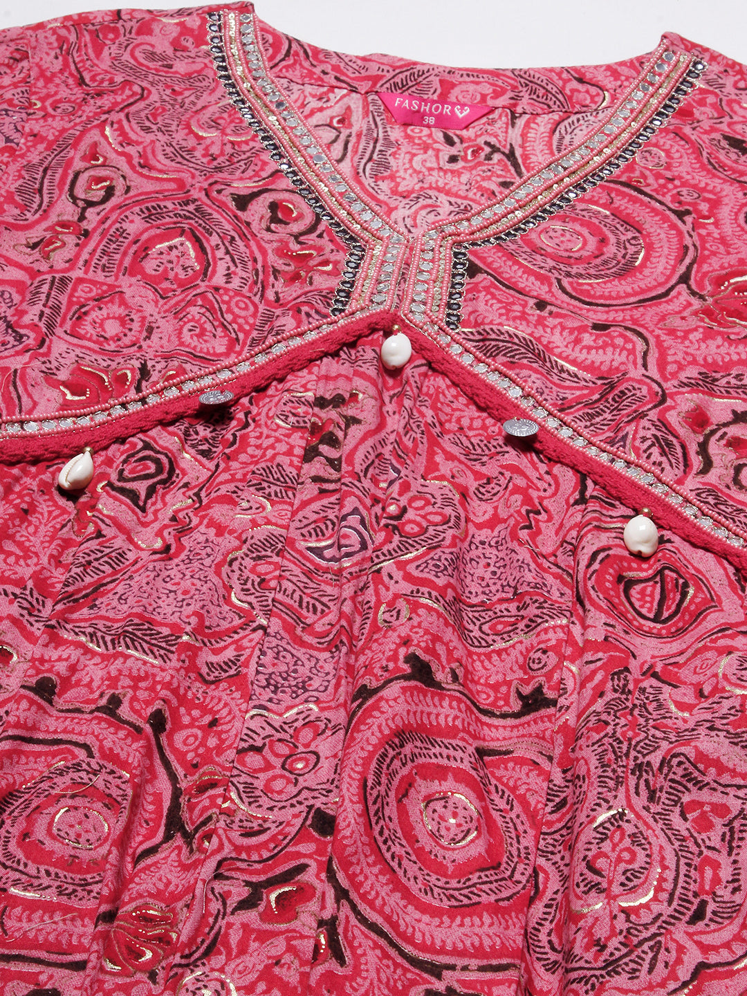 Abstract-Ethnic Printed Mirror, Beads & Zari Embroidered Anarkali Kurta with Pants & Dupatta - Amaranth Pink