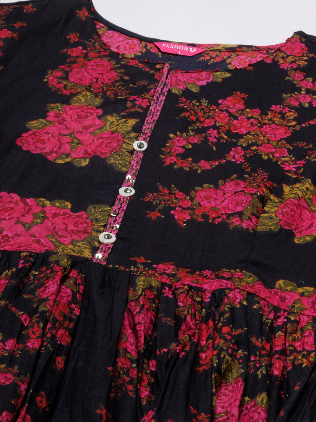 Floral Printed Mother-Of-Pearl Tikki & Resham Embroidered Flared Midi Dress - Black & Multi