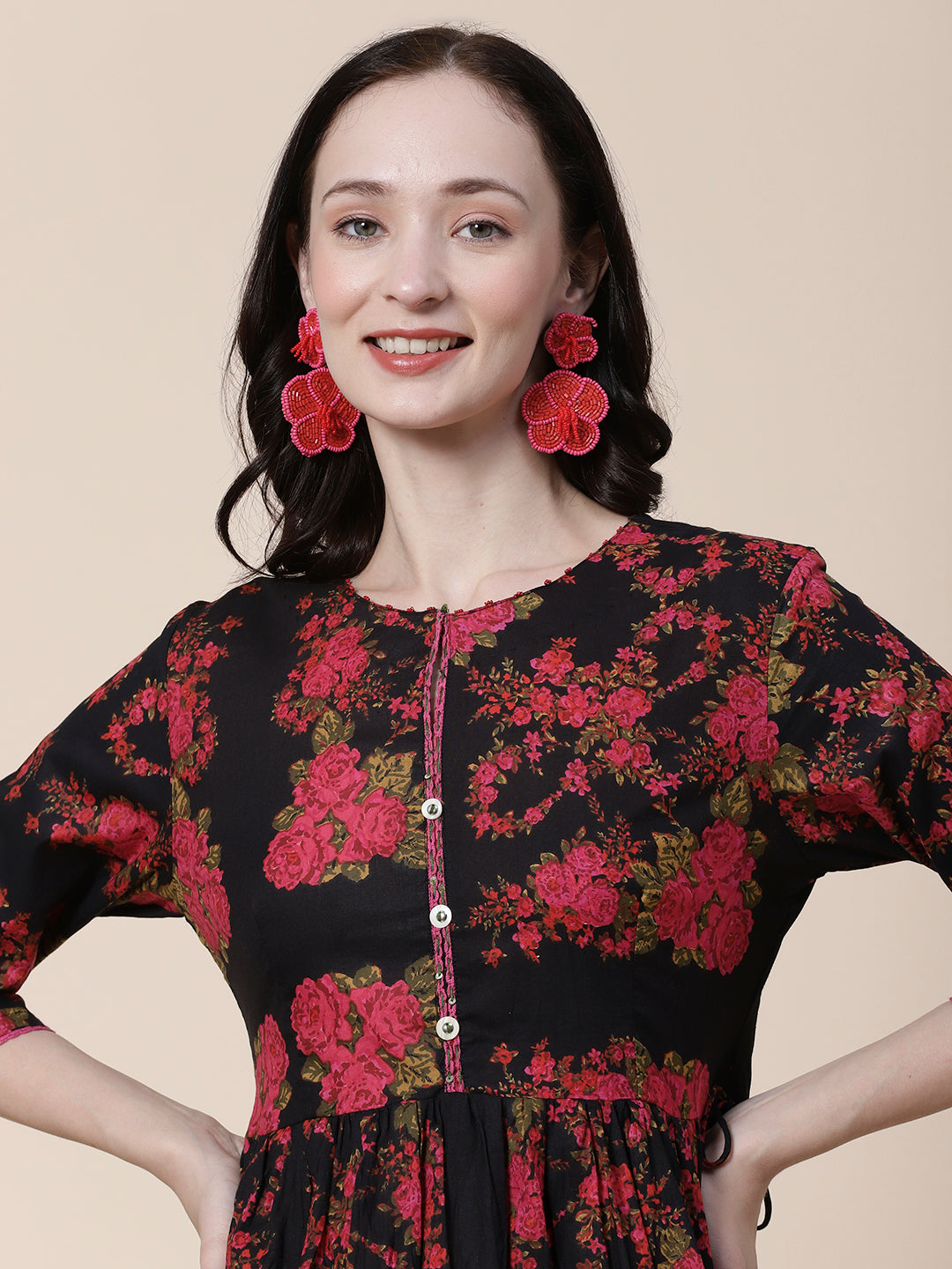 Floral Printed Mother-Of-Pearl Tikki & Resham Embroidered Flared Midi Dress - Black & Multi