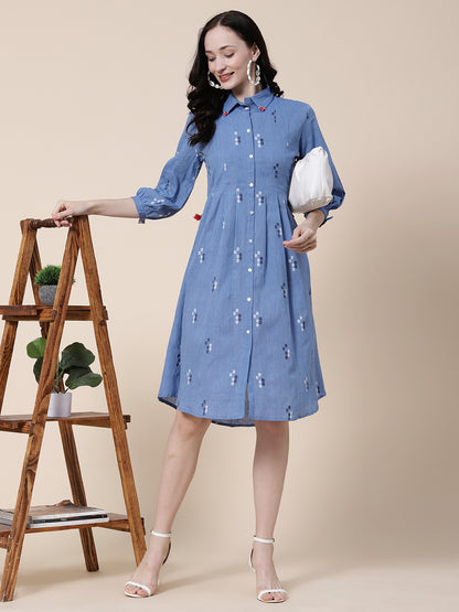 Woven Resham Jacquard Mother-of-Pearl Buttoned Pin-Tucks Dress - Blue