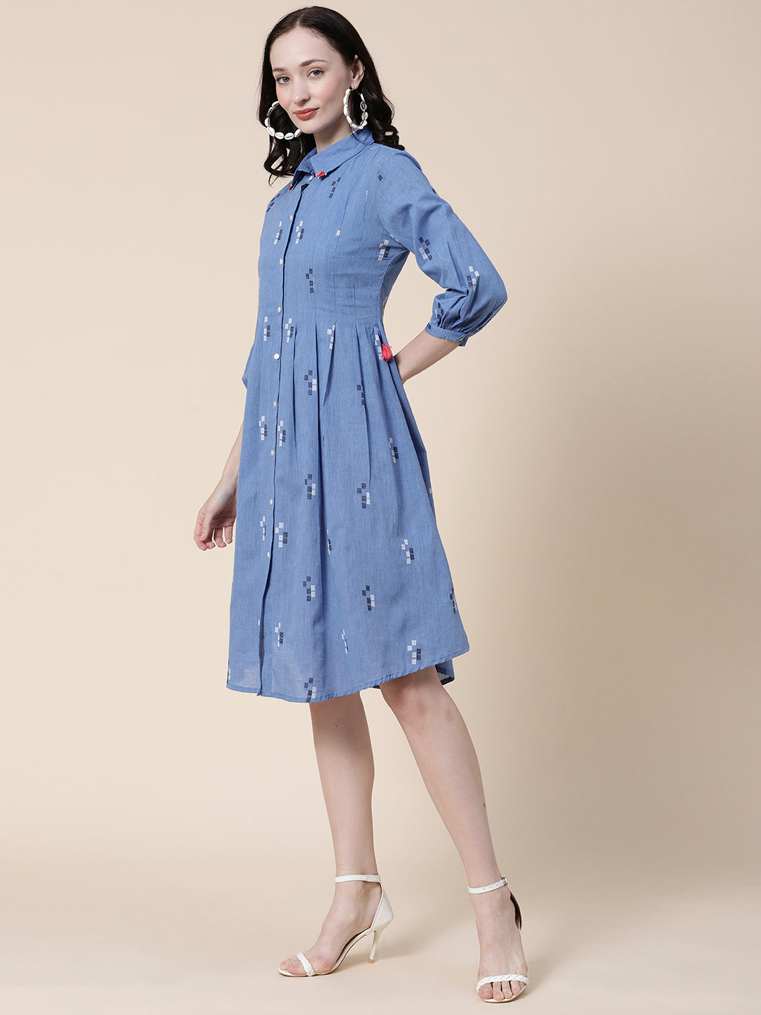 Woven Resham Jacquard Mother-of-Pearl Buttoned Pin-Tucks Dress - Blue