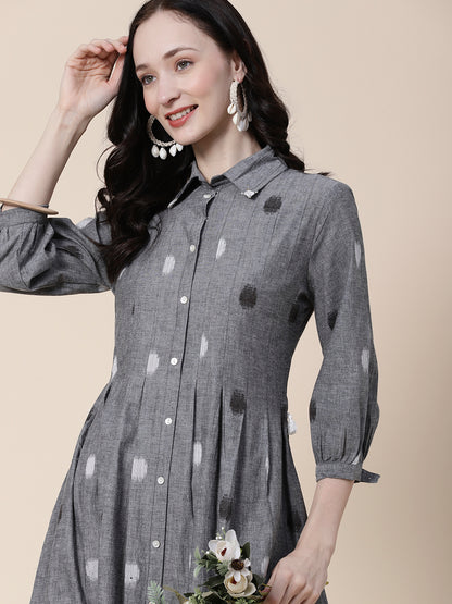 Woven Resham Jacquard Mother-of-Pearl Buttoned Pin-Tucks Dress - Grey Mélange