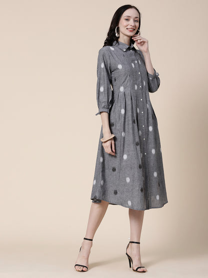 Woven Resham Jacquard Mother-of-Pearl Buttoned Pin-Tucks Dress - Grey Mélange