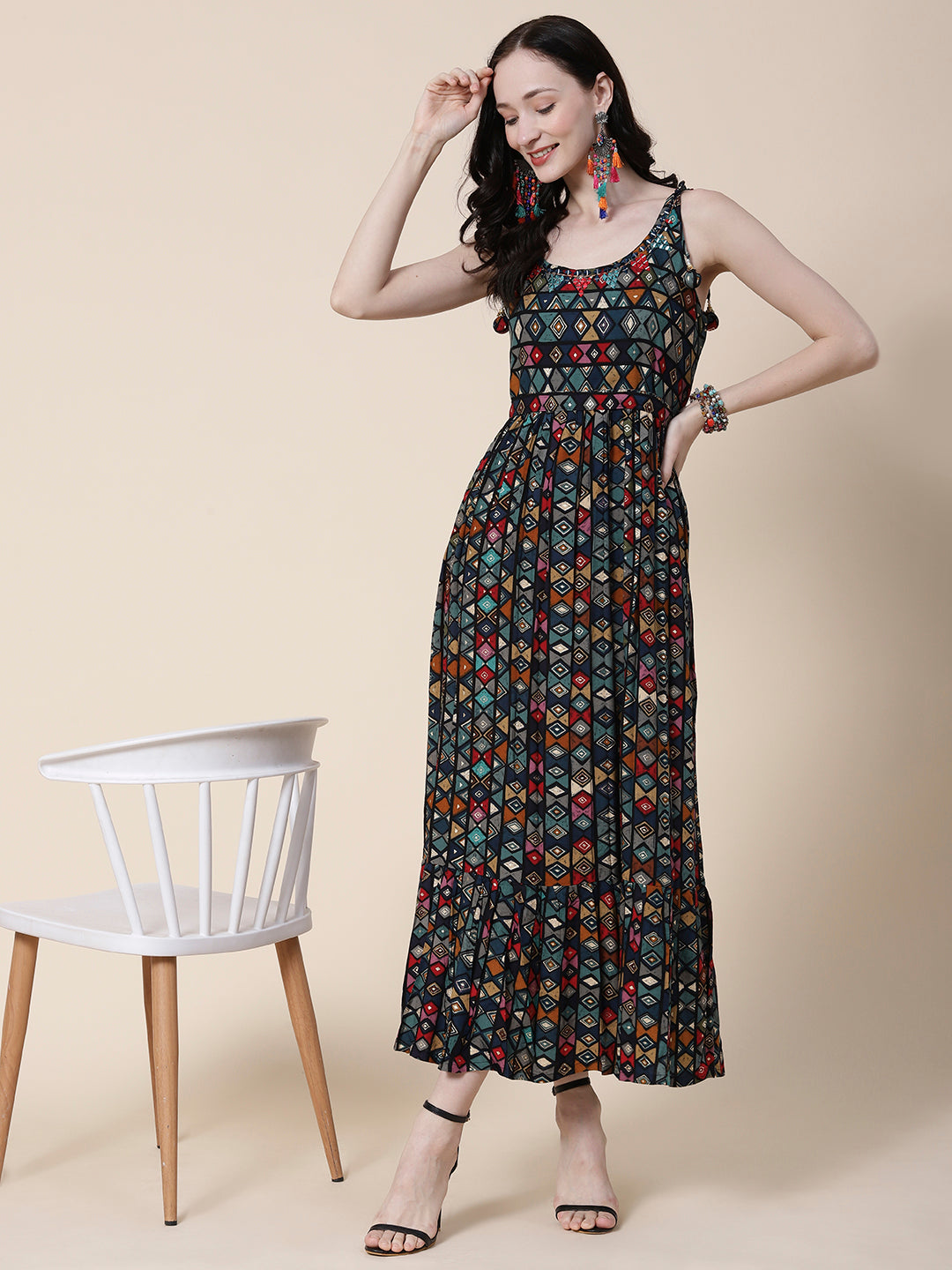 Geometric Printed Mirror Embroidered Tie-up Shoulder Strap Maxi Dress with Waist Belt - Multi