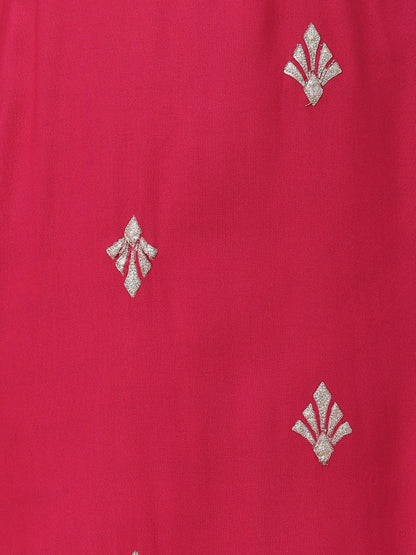 Solid Mirror, Zari & Applique Embroidered Kurta With Lehriya Printed Palazzo - Magenta