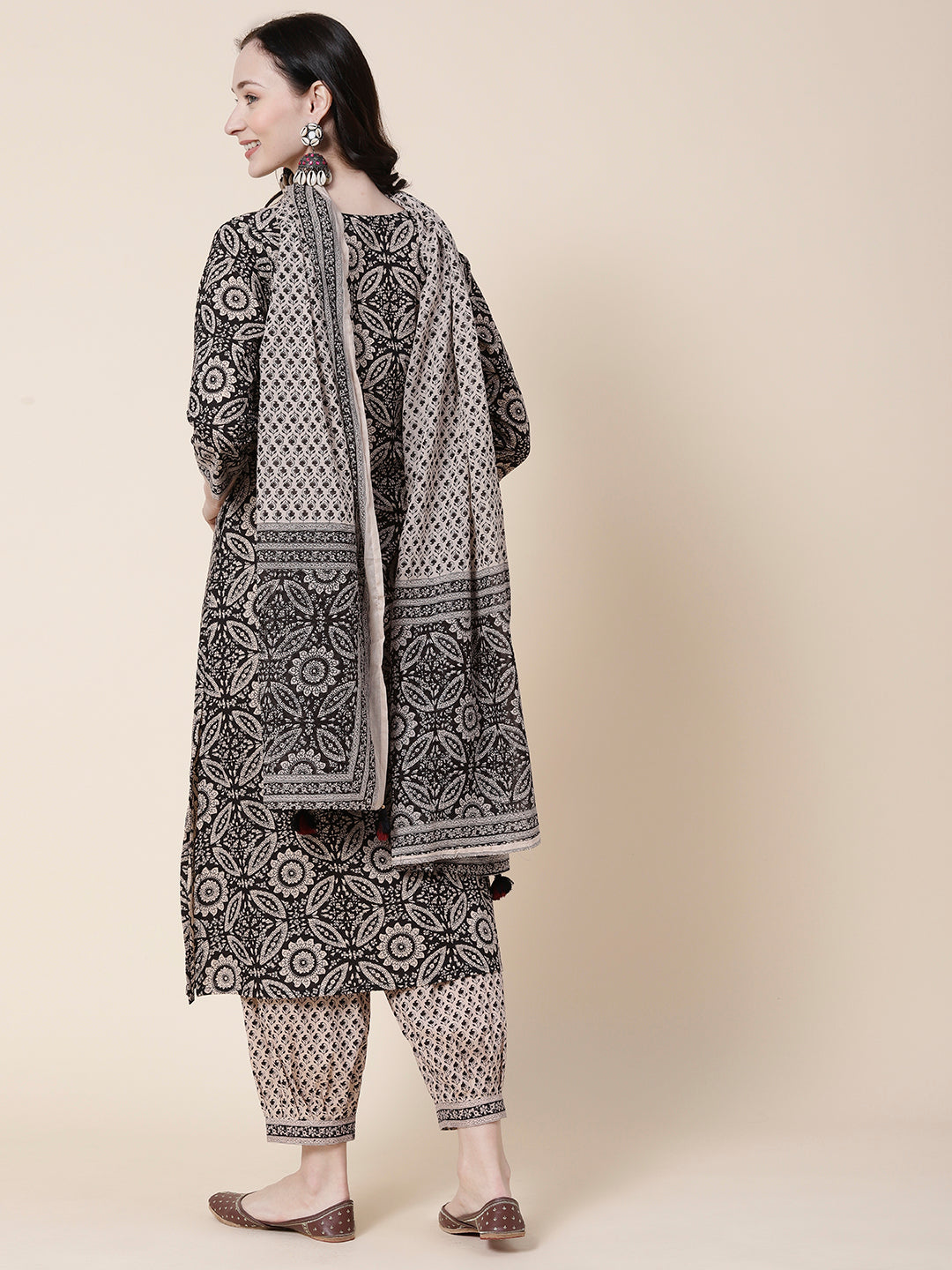 Floral-Ethnic Block Printed Sequins & Resham Embroidered Kurta with Salwar Pants & Dupatta - Black & White