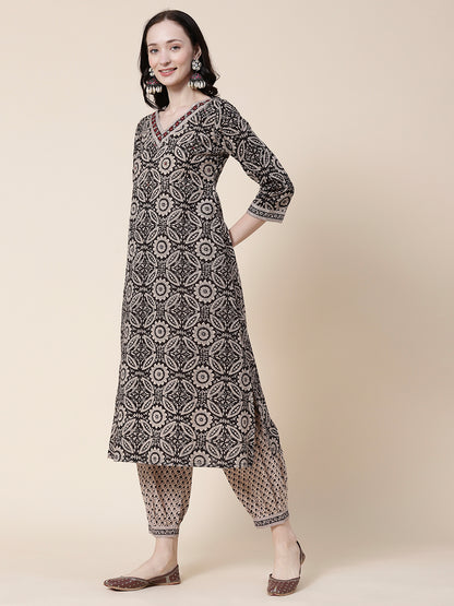 Floral-Ethnic Block Printed Sequins & Resham Embroidered Kurta with Salwar Pants & Dupatta - Black & White