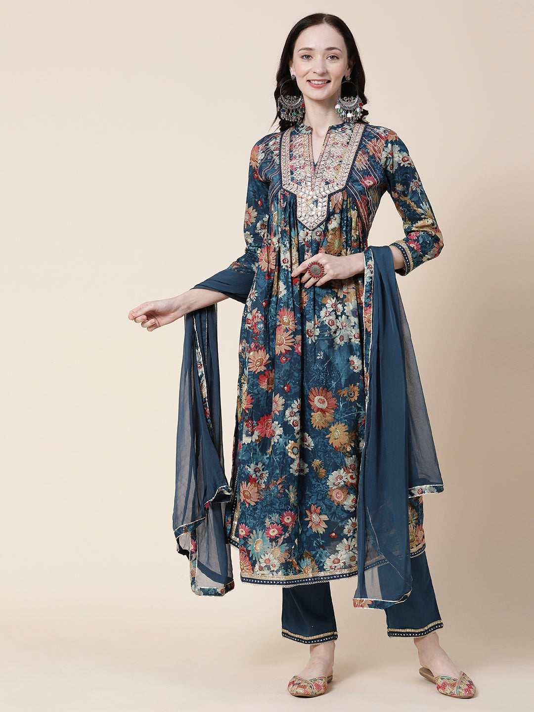 Floral Printed Mirror & Zari Embroidered Mul-Cotton High Slit Kurta with Pants & Dupatta - Teal