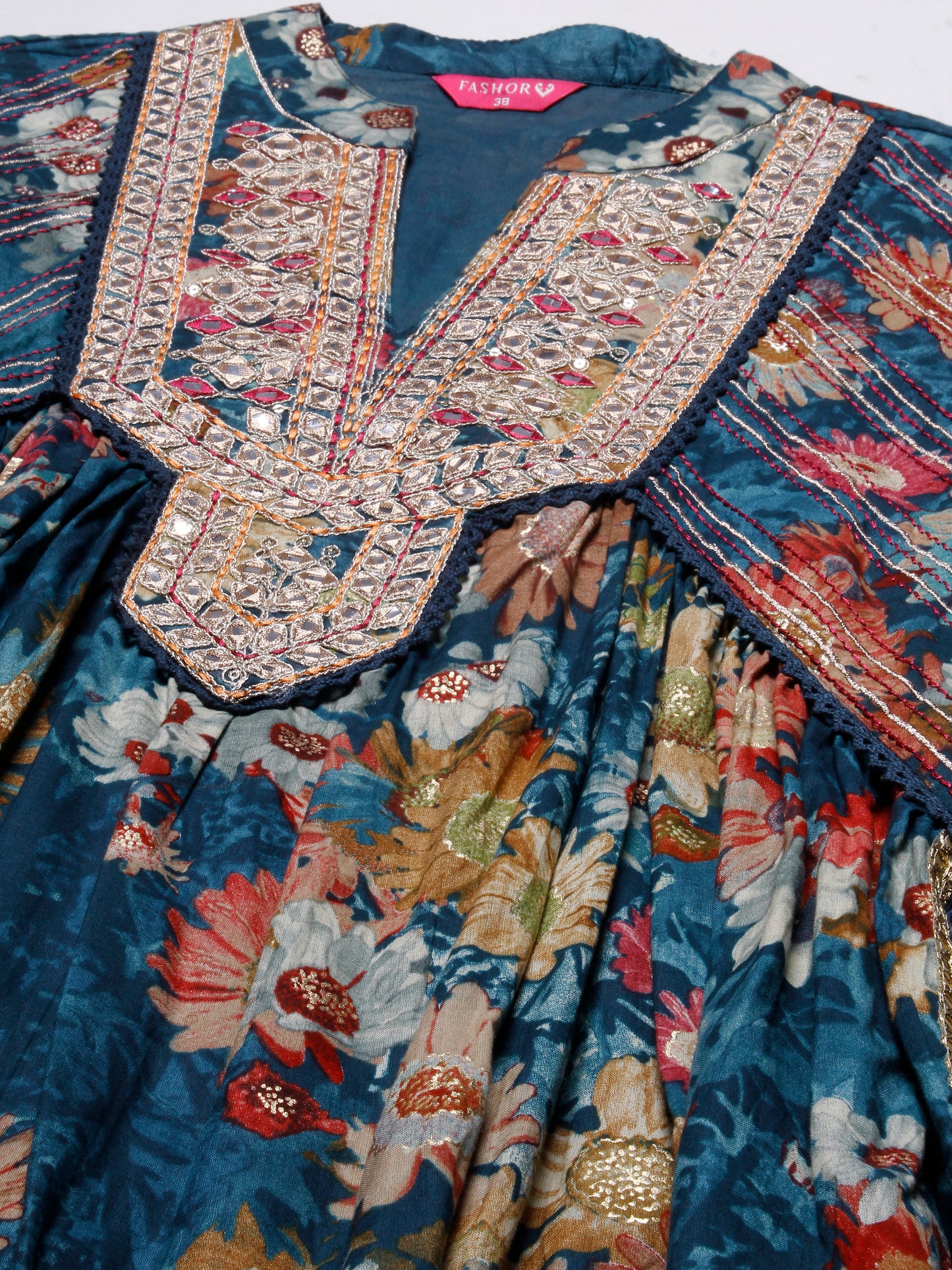 Floral Printed Mirror & Zari Embroidered Mul-Cotton High Slit Kurta with Pants & Dupatta - Teal