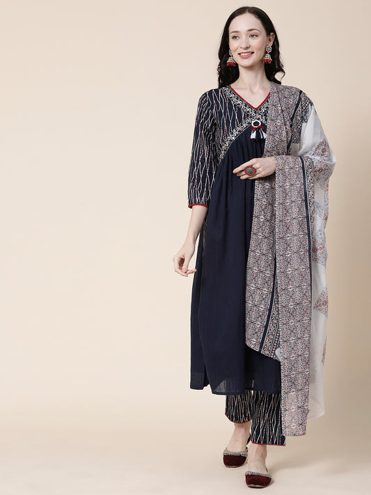 Woven Dobby Textured Mirror, Zari Dori & Resham Embroidered High Slit Kurta With Pants & Dupatta - Navy