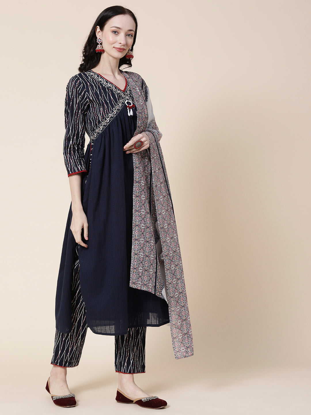 Woven Dobby Textured Mirror, Zari Dori & Resham Embroidered High Slit Kurta With Pants & Dupatta - Navy