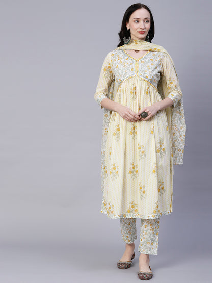 Floral Block Printed Mirror & Resham Embroidered High Slit Kurta With Pants & Block Printed Dupatta - White & Multi
