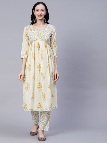 Floral Block Printed Mirror & Resham Embroidered High Slit Kurta With Pants & Block Printed Dupatta - White & Multi
