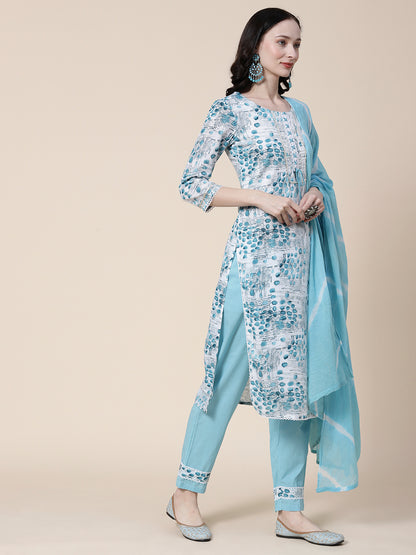 Abstract Printed Gota Lace & Crochet lace Embellished Mul Kurta With Pants & Dupatta - White & Blue