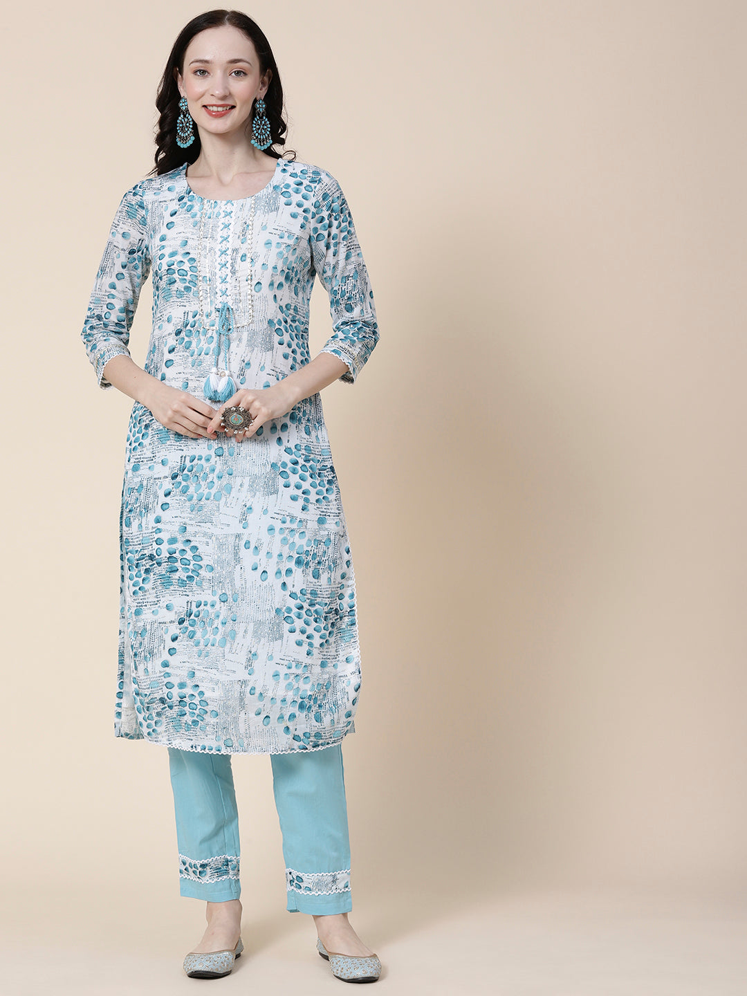 Abstract Printed Gota Lace & Crochet lace Embellished Mul Kurta With Pants & Dupatta - White & Blue