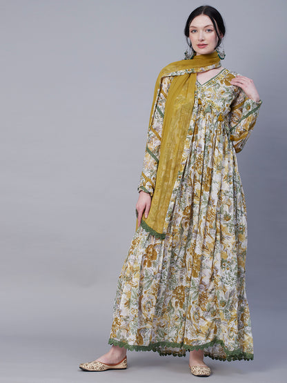 Abstract-Floral Printed Resham Embroidered Empire Cut Flared Mul Cotton Dress With Dupatta - Olive Green