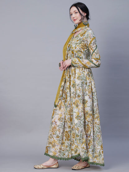 Abstract-Floral Printed Resham Embroidered Empire Cut Flared Mul Cotton Dress With Dupatta - Olive Green