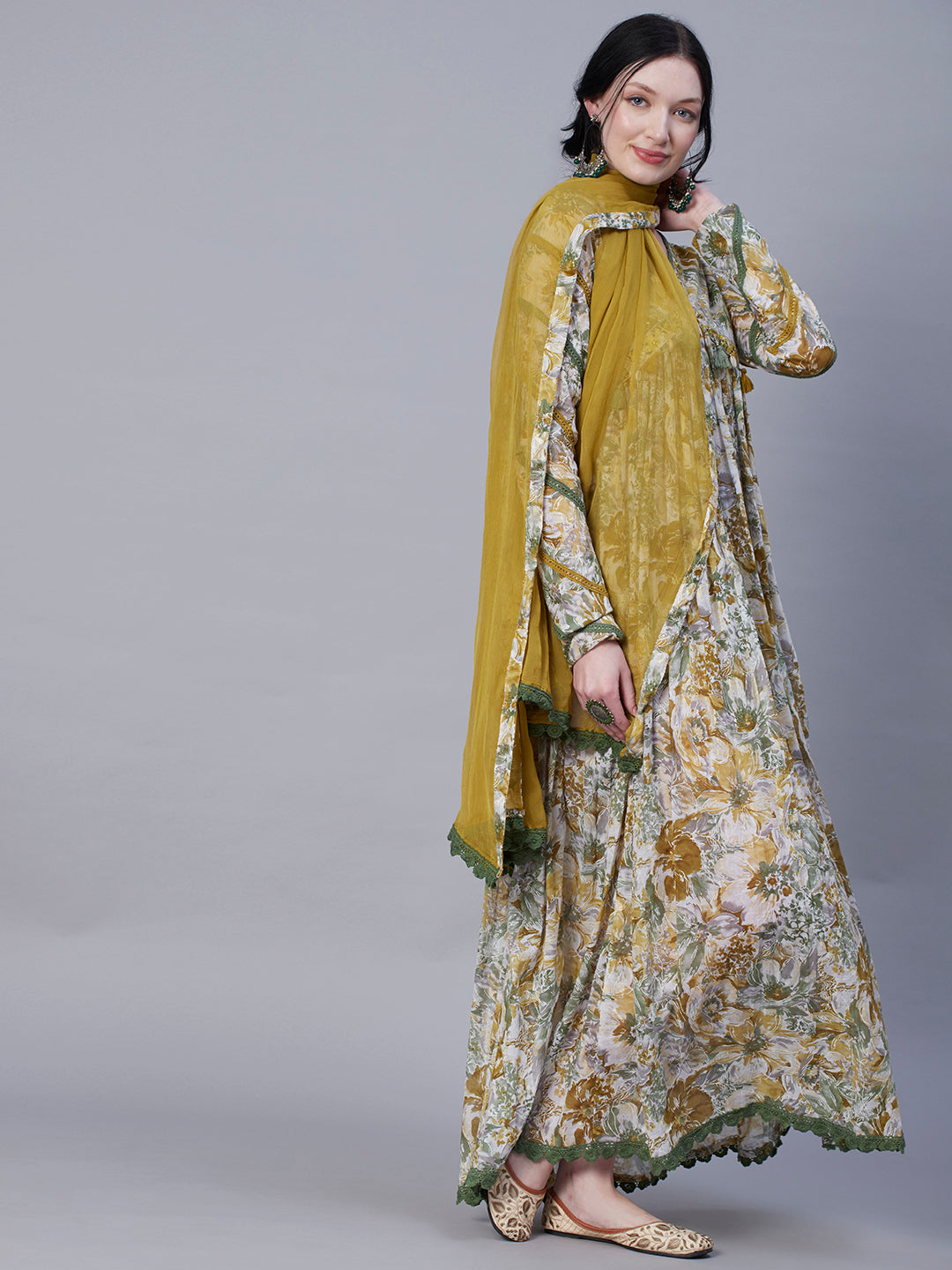 Abstract-Floral Printed Resham Embroidered Empire Cut Flared Mul Cotton Dress With Dupatta - Olive Green