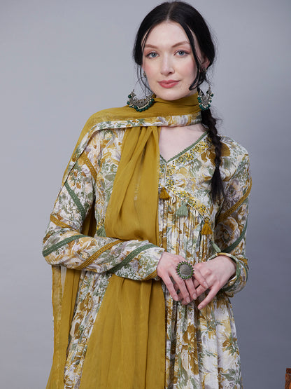 Abstract-Floral Printed Resham Embroidered Empire Cut Flared Mul Cotton Dress With Dupatta - Olive Green