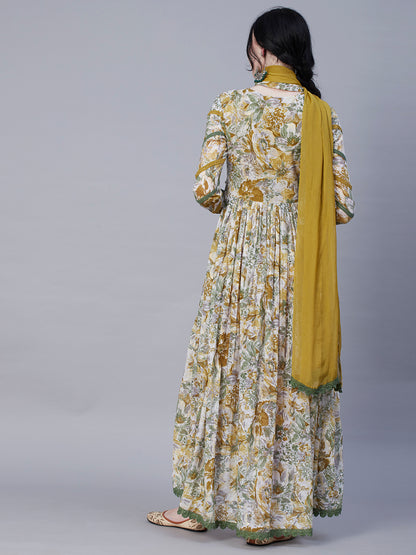 Abstract-Floral Printed Resham Embroidered Empire Cut Flared Mul Cotton Dress With Dupatta - Olive Green