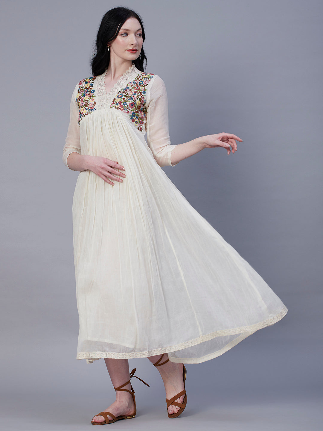 Solid Resham & Pearl Embroidered Crochet Lace Embellished Flared Maxi Dress - Off White