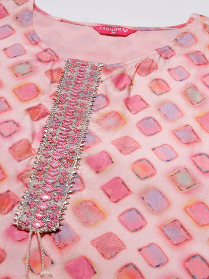Abstract Printed Mirror, Zari & Resham Embroidered Kurta - Rose Pink
