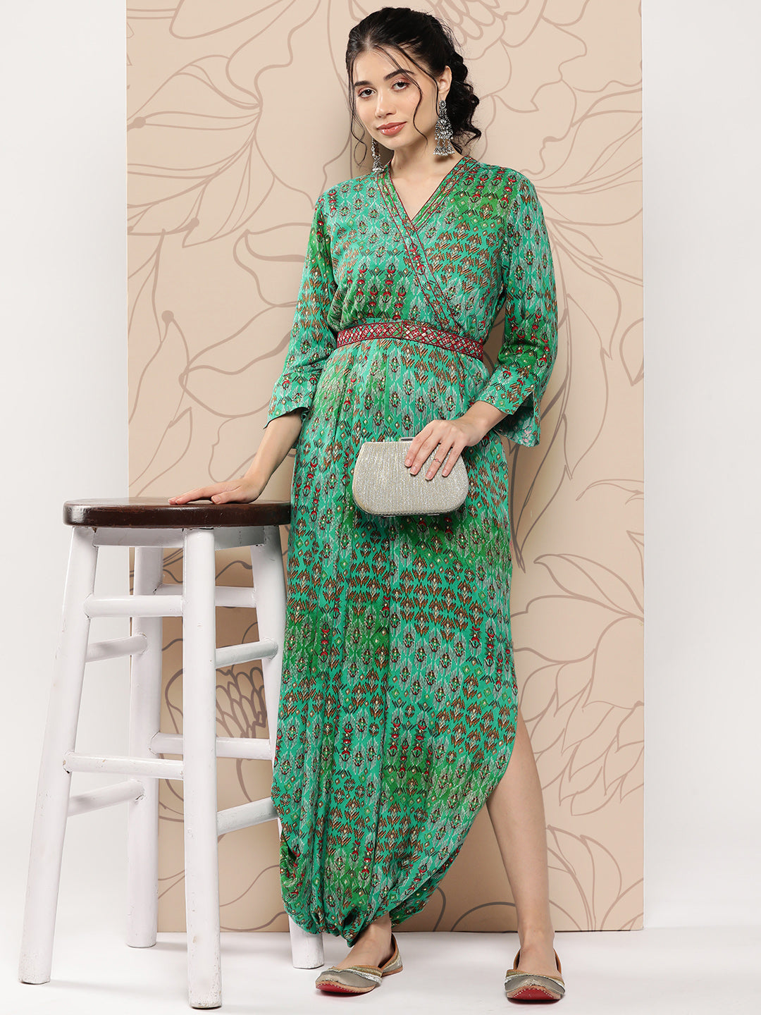 Ethnic Ikat Printed Wrap Cowl Maxi Dress with Belt - Green