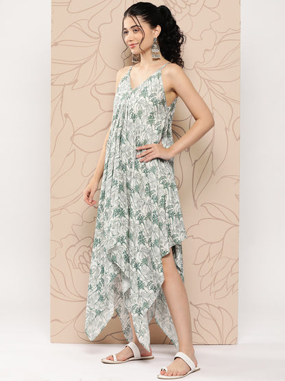 Tropical Printed A-Line Pleated High-Low Midi Dress - Off White