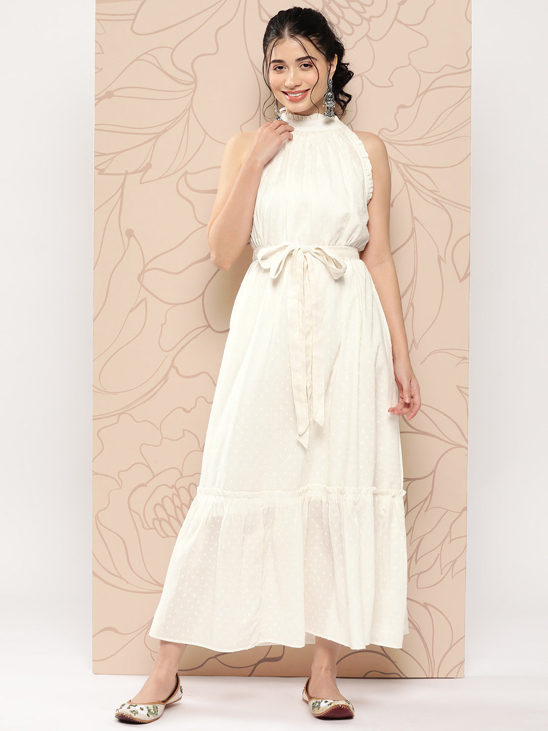 Pure Cotton Textured Woven Fabric Printed Frock shops of White Colour with Belt Sleeves