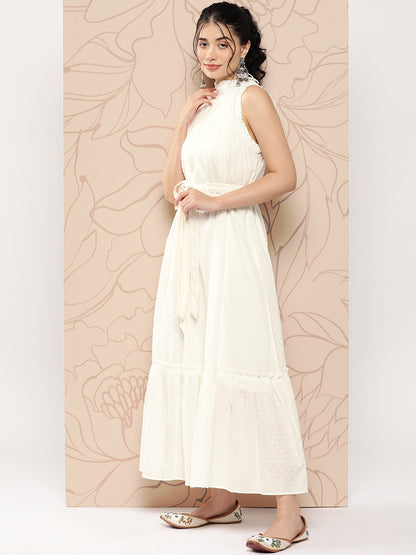 Solid Cotton Dobby A-Line Flared Maxi Dress with Belt - Off White