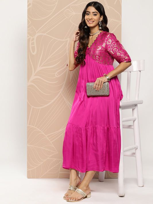 Solid Ethnic Brocade Woven A-Line Cut - Out Tiered Maxi Dress - Pink