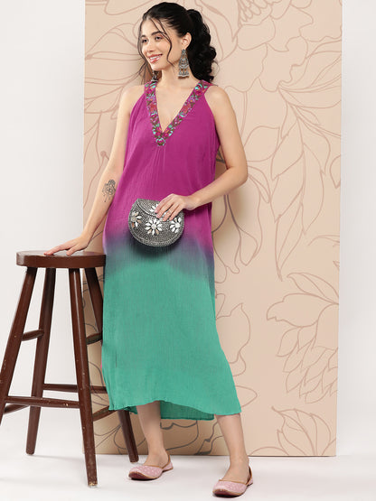 Pink & Green Ombre Dyed & Tropical Embroidered Straight Fit Maxi Dress - Multi