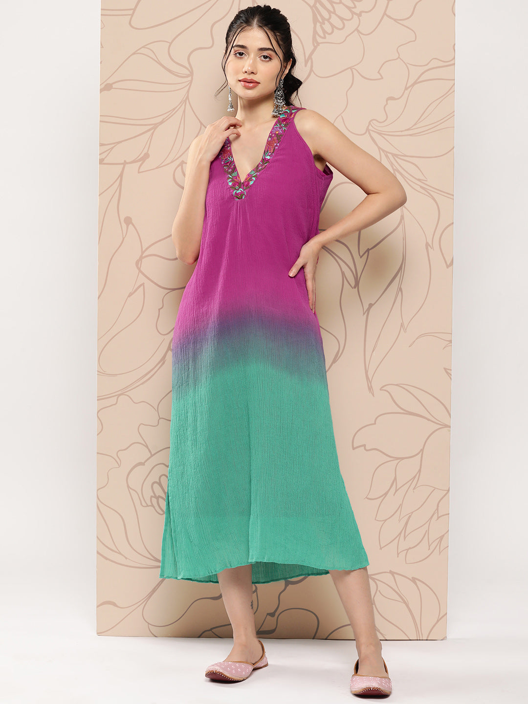 Pink & Green Ombre Dyed & Tropical Embroidered Straight Fit Maxi Dress - Multi