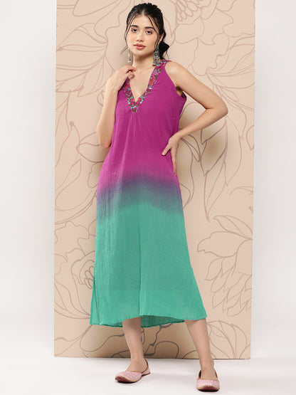 Pink & Green Ombre Dyed & Tropical Embroidered Straight Fit Maxi Dress - Multi