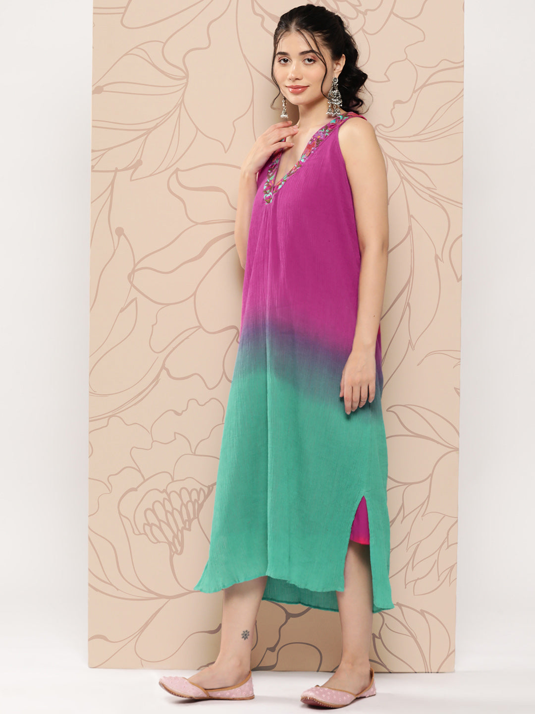 Pink & Green Ombre Dyed & Tropical Embroidered Straight Fit Maxi Dress - Multi