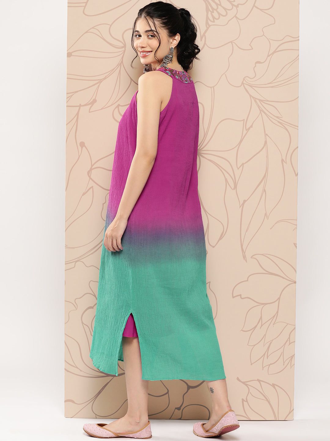 Pink & Green Ombre Dyed & Tropical Embroidered Straight Fit Maxi Dress - Multi