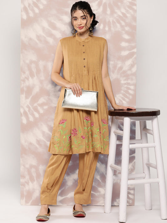 Solid Floral Embroidered Pin Tucks A-Line Kurta with Pant - Brown